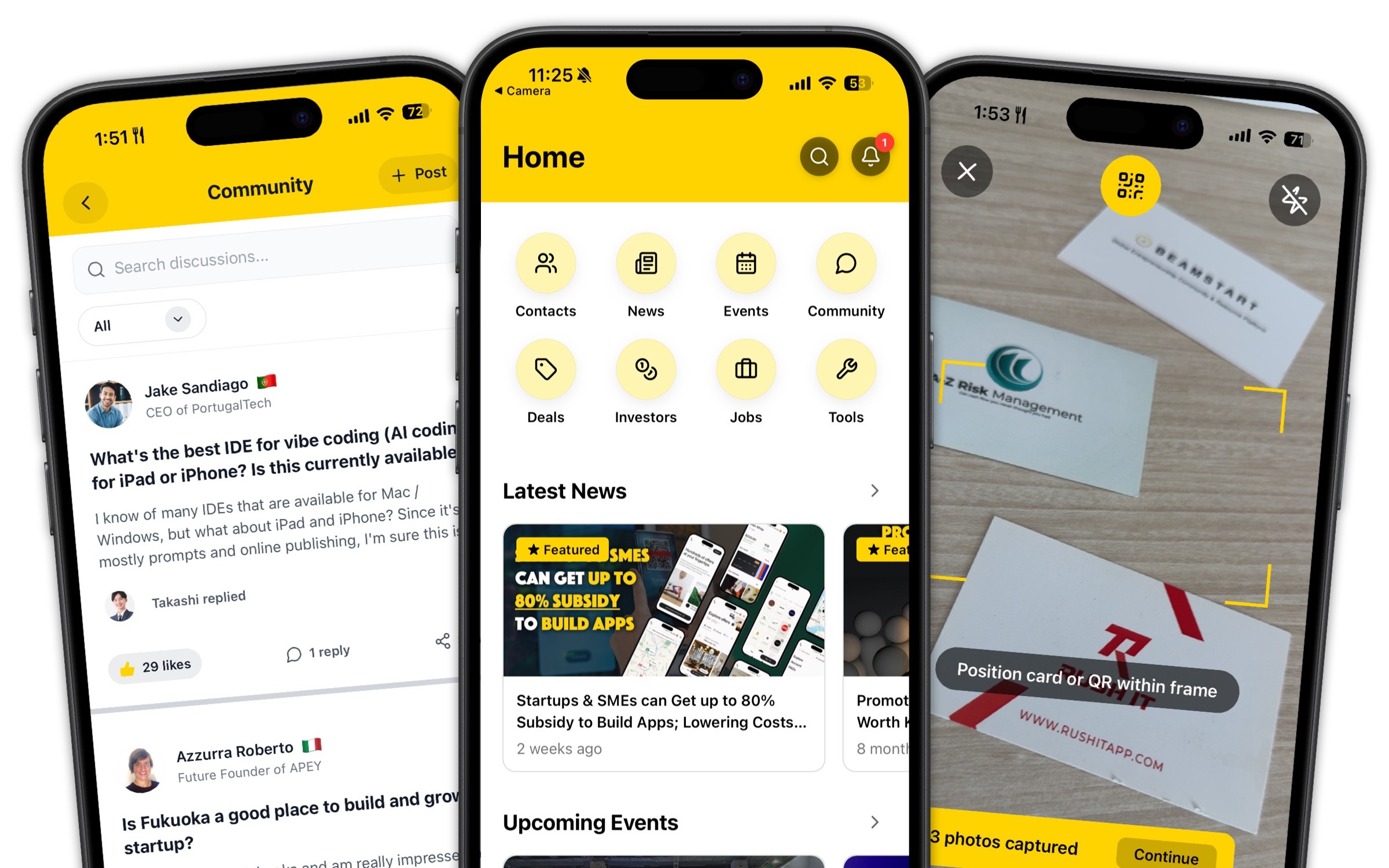 BEAMSTART on iPhone — community, home, and namecard scanner